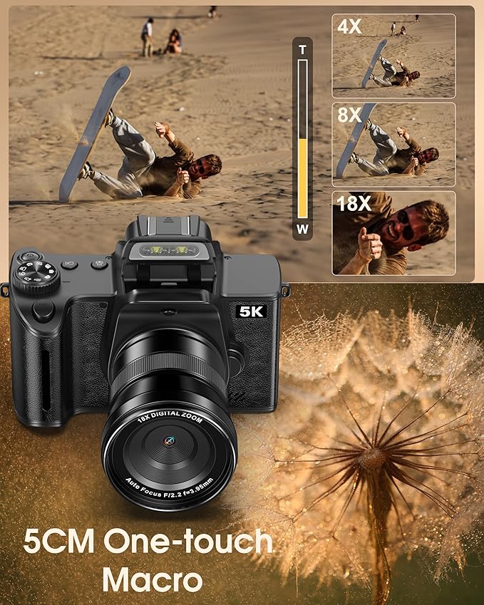 True 5K Digital Cameras for Photography - 80MP WiFi Autofocus Vlogging Camera for YouTube with 4.0" Touch Screen - UHD One-Touch Macro Video Camara for Beginner Photographer with 18X Zoom, Lens Cap