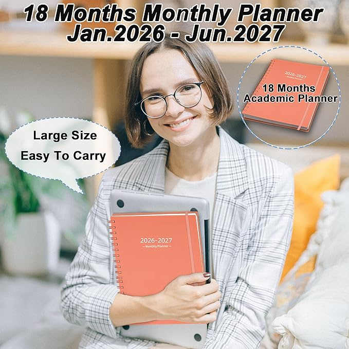 2026 Calendar Monthly Planner (7.4'' x 9.6''), 18 Months Monthly Planner from Jan 2026-Jun 2027, Calendar 2026 Planner with Pocket, 120GSM Paper, Pink