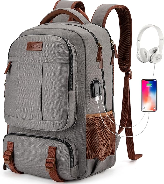Tzowla Canvas Laptop Backpack, Bag for Men Women,Travel Work Rucksack Fits 15.6 Inch Laptop, Bookbag with USB Charging Port