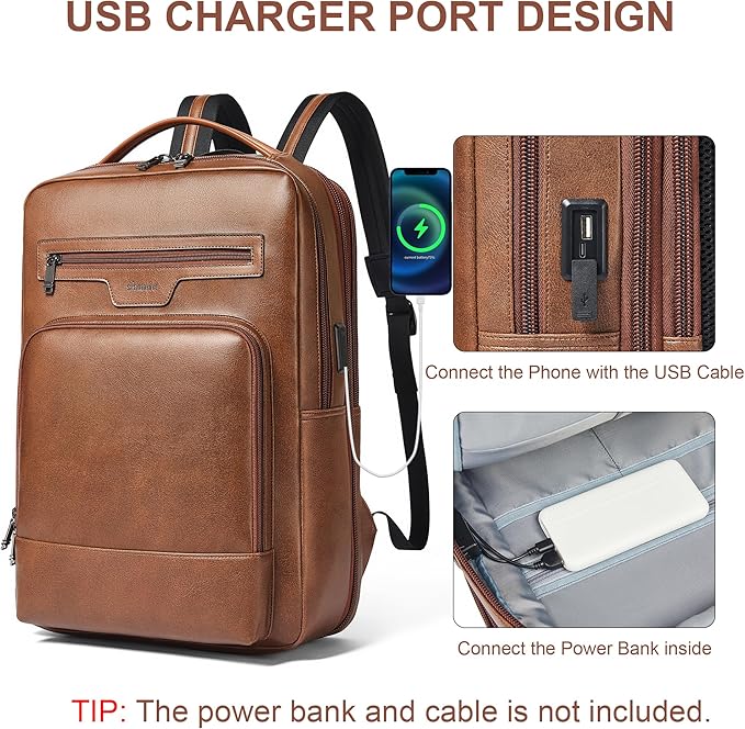 Shrrie Leather Laptop Backpack for Women and Men,28 L Travel Backpack Computer Bag Fits 16 inch Laptop,Expandable Casual Daypack with USB Port for Work Business Weekender College,Brown