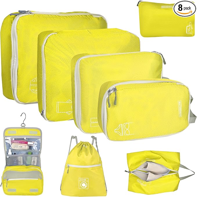 8 Set Expandable Compression Packing Cubes for Suitcases Travel Essentials Carry On Waterproof Storage Bag With Dry And Wet Separation Yellow