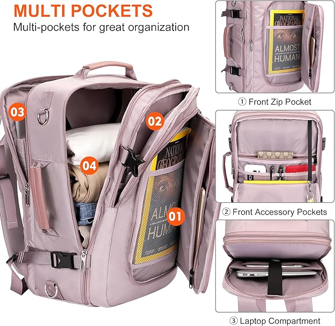 PIJUSHI Travel Backpack for Women Flight Approved Carry on Bag 16 inch Laptop Personal Item Daypack with Shoe Compartment(PE038 Light Purple)