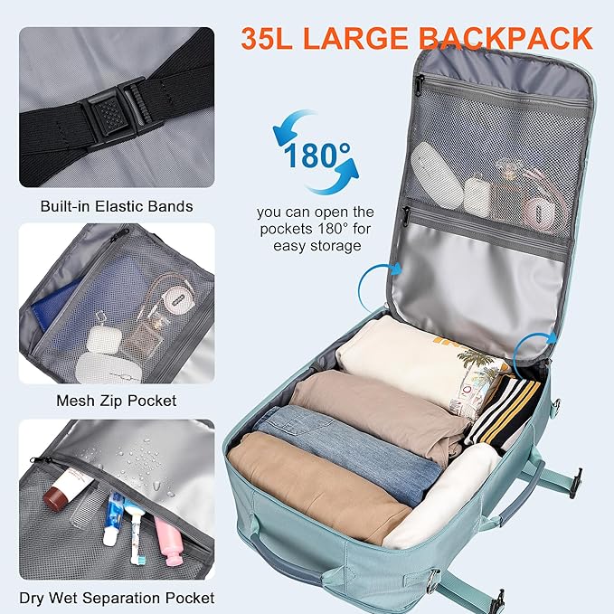 PIJUSHI Travel Backpack for Women Flight Approved Carry on Bag 16 inch Laptop Personal Item Daypack with Shoe Compartment(PE038 Blue)