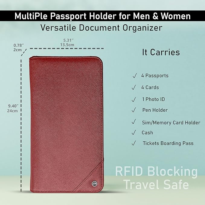 Family 4 Passport Holder - Travel Wallet RFID Blocking, Document Organizer, Essentials Plane Accessory Cover for Women Men (Red)