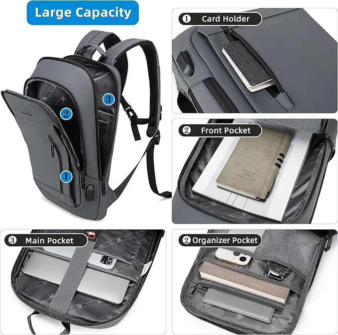 Caoroky knight Backpack Laptop Men 15.6 inch Slim Work Business Backpacks with USB Charging Port Mens Travel Bag Bookbag (Grey-1, Medium)