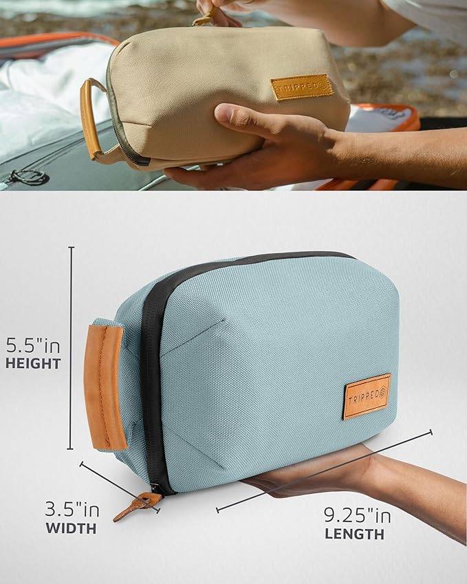 Tech Bag Organizer - Small Electronics Organizer Pouch for Travel - Premium Travel Case with Leather Accents - Mesh Pocket for Cables, Cords and Chargers (Dusty Teal)