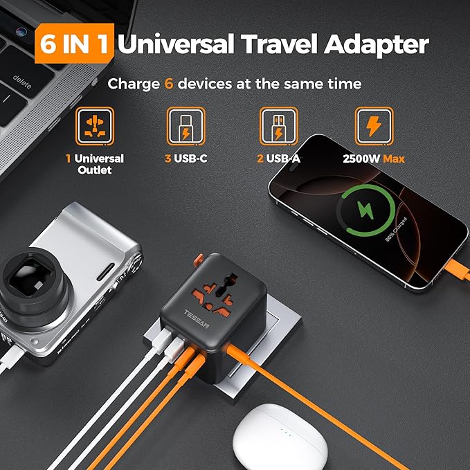 TESSAN Universal Travel Adapter 28W, International Power Adapter with 5 USB Ports (3 USB C), Travel Plug Adaptor Worldwide for US to Europe UK France Germany Spain Australia (Type C G A I), Black