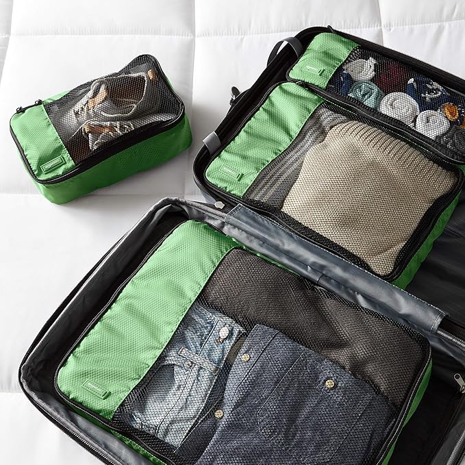 Amazon Essentials 4-Piece Packing Cubes Travel Accessories Set, Luggage Organizer with Double Zipper, Mesh Top, 100% Polyester, Small/Medium/Large/Slim, Green (Previously Amazon Basics)