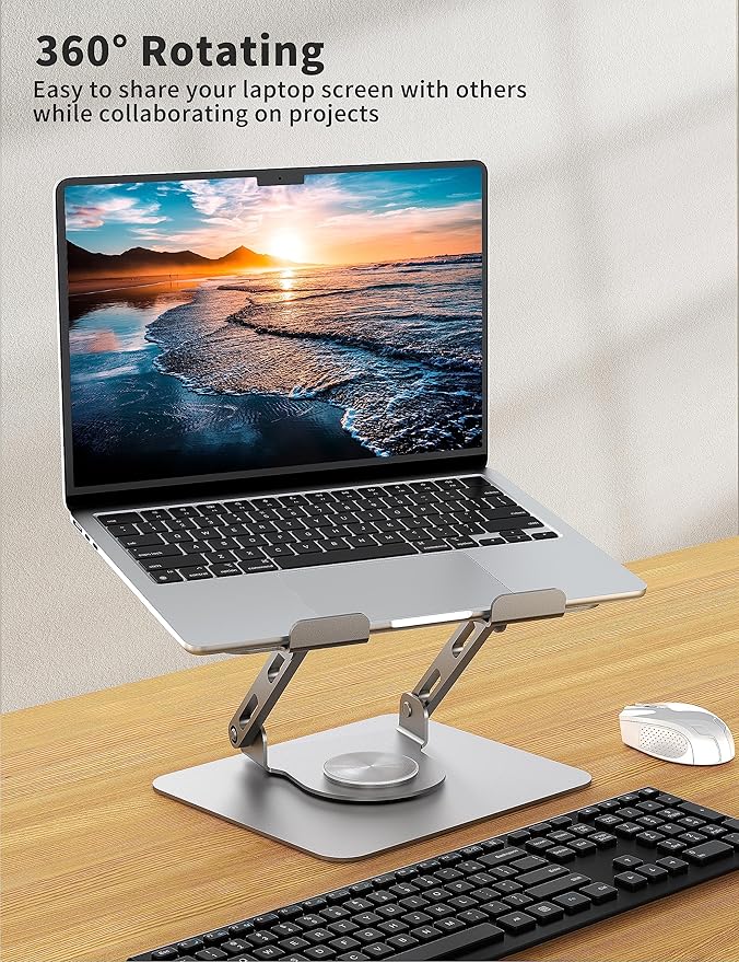 SOUNDANCE Laptop Stand with 360° Rotating Base, Ergonomic Computer Riser for Desk, Adjutable Height Muti-Angle, Foldable Laptop Mount, Stable Metal Holder Support 10-15.6" Notebook PC, Silver Grey