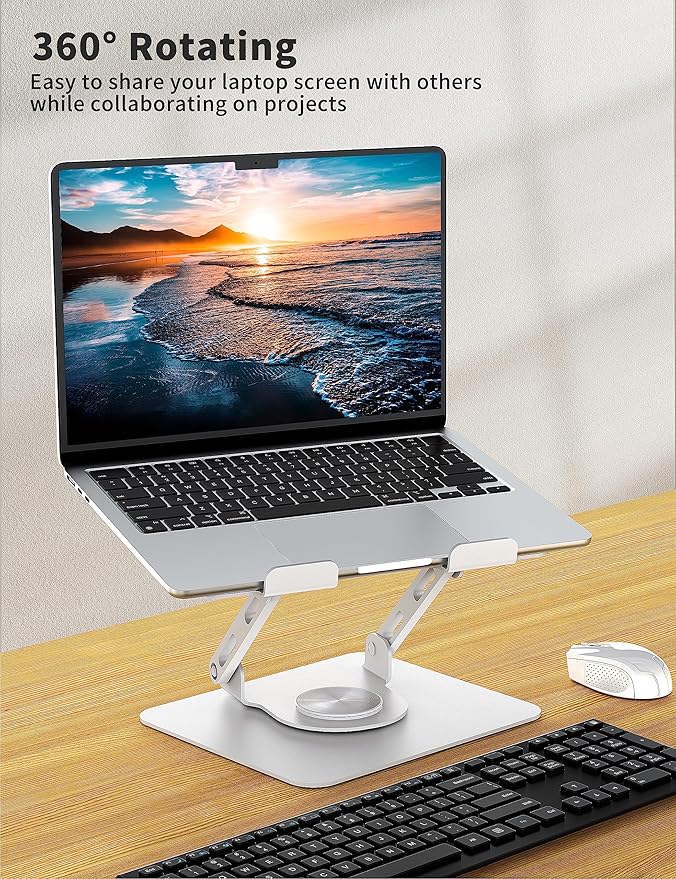 SOUNDANCE Laptop Stand with 360° Rotating Base, Ergonomic Computer Riser for Desk, Adjutable Height Muti-Angle, Foldable Laptop Mount, Stable Metal Holder Support 10-15.6" Notebook PC, White